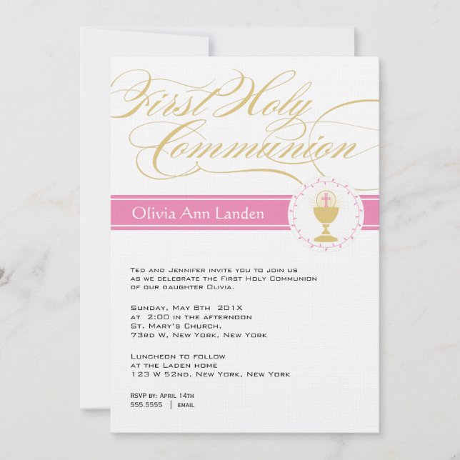 Invitations Fancy Script First Communion| Rose (Devant)