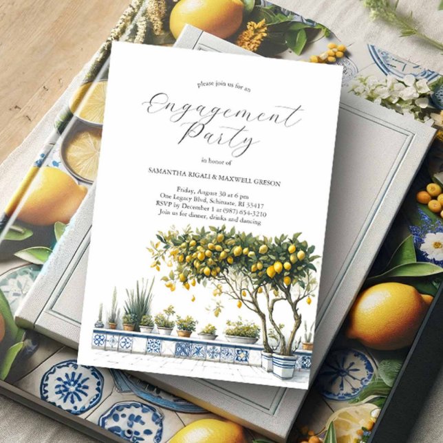 Invitations fiançailles Elégant thème Alfresco (Lemon themed engagement party invitations with blue and yellow colors)
