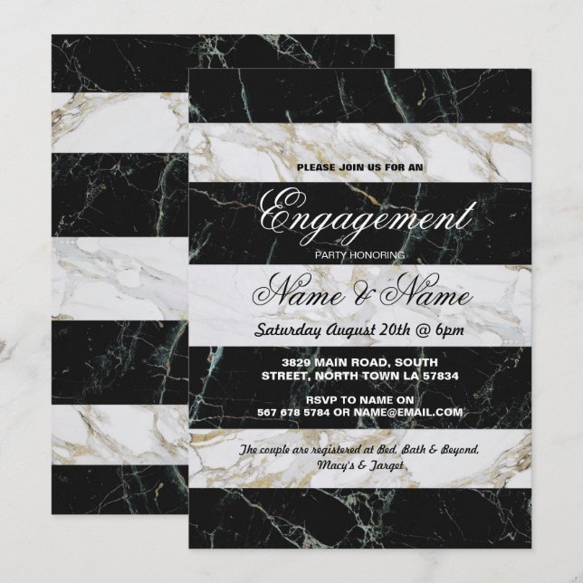 Invitations Fiançailles Marbre blanc noir (Devant / Derrière)