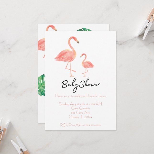 Invitations Flamant rose Baby shower (Devant/Arrière en situation)