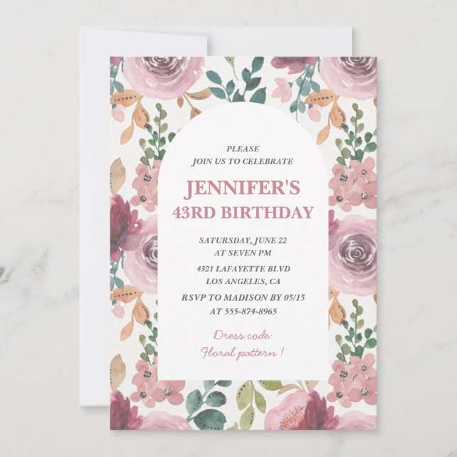 Invitations Floral 43e anniversaire Chic Watercolo (Devant)