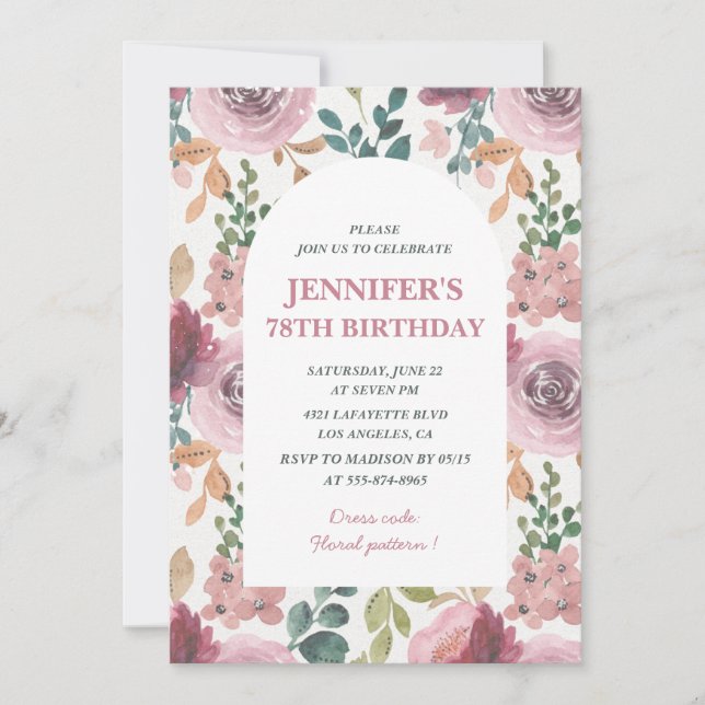 Invitations Floral 78e anniversaire Chic Watercolo (Devant)