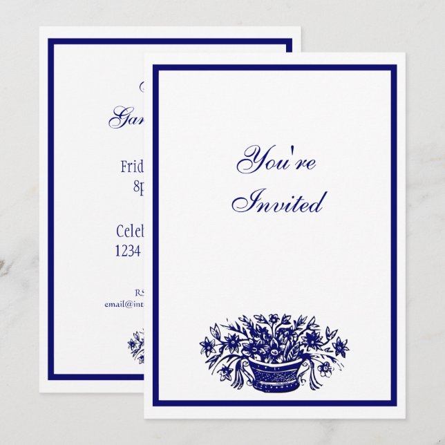 Invitations Floral Bleu et Blanc (Devant / Derrière)