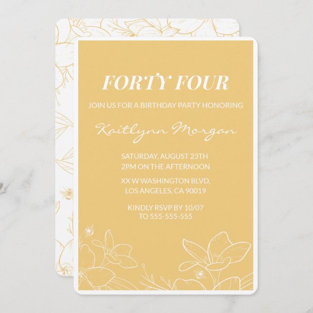 Invitations Floral Modern Jaune 44e anniversaire (Devant / Derrière)