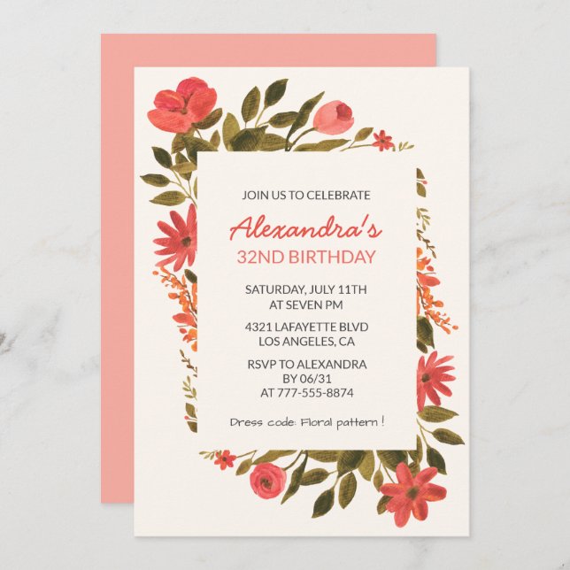 Invitations florales 34e anniversaire Boho Elegant (Devant / Derrière)