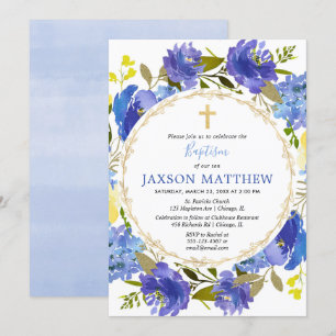 Invitations florales bleues et jaunes de baptême