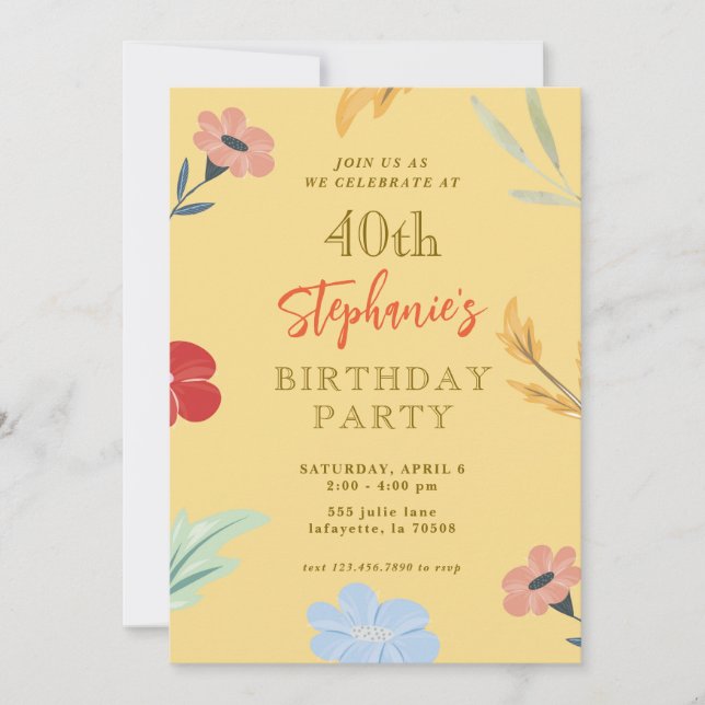 Invitations florales joyeuses 40e anniversaire (Devant)