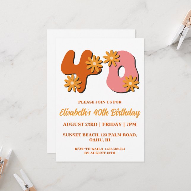 invitations florales modernes à 40e anniversaire (Devant/Arrière en situation)