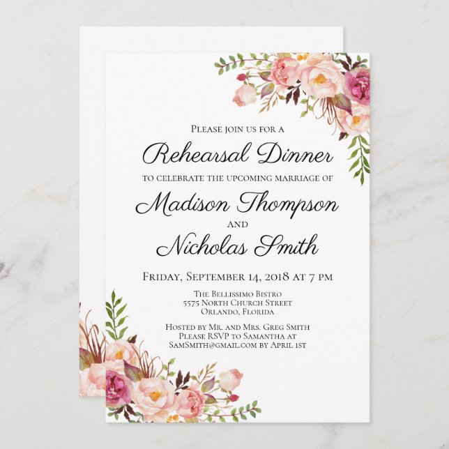 Invitations florales roses rustiques de dîner de (Devant / Derrière)