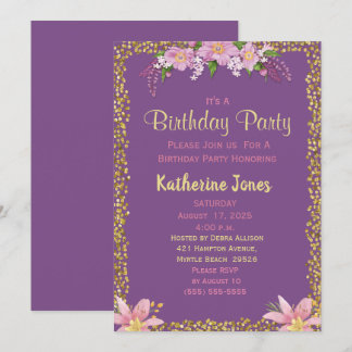 Invitations florales violet et or fête d'anniversa