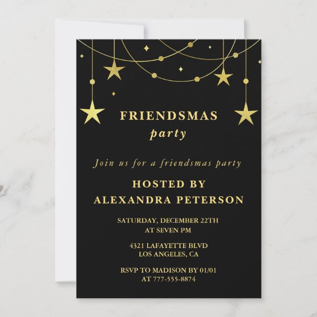 Invitations Friendsmas noir Fête Étoiles d'or (Devant)