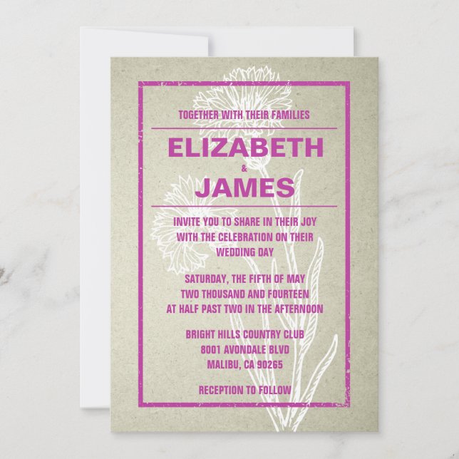 Invitations fuchsia vintages rustiques de mariage (Devant)