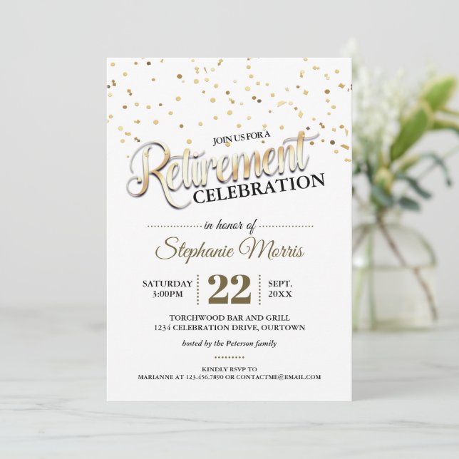 Invitations Gold Confetti Retraite Party (Debout devant)