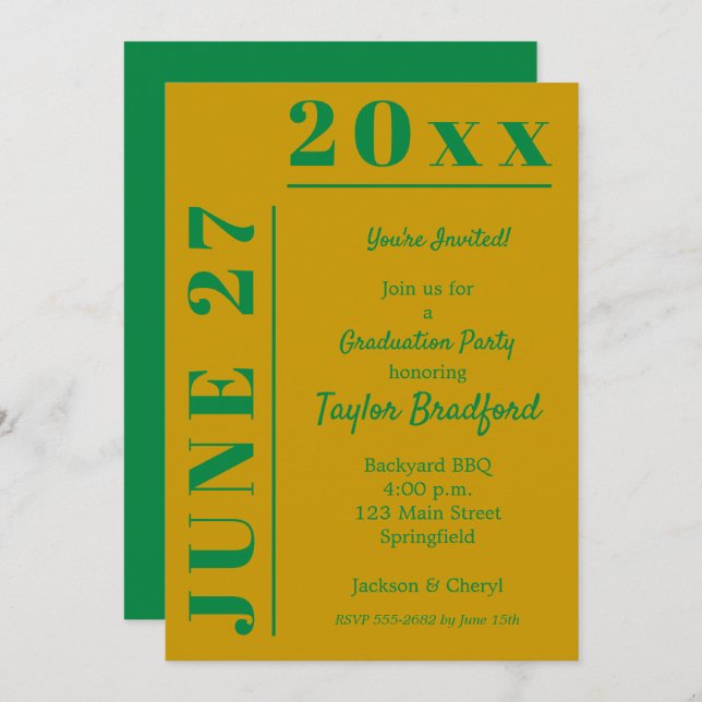 Invitations Gold et Green Graduation Party (Devant / Derrière)
