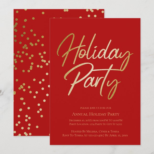 Invitations Gold et Red Sparkling Holiday Party (Devant / Derrière)