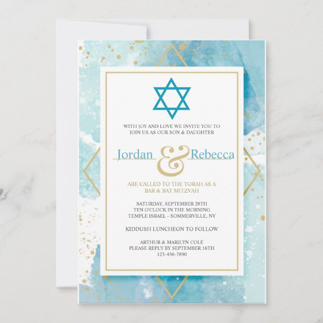 Invitations Gold et Turquoise Mitzvah (Devant)