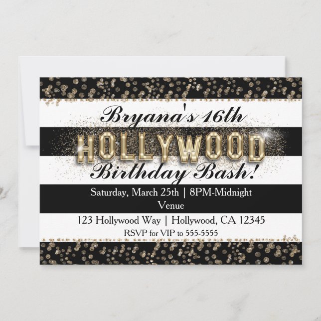 Invitations Gold Hollywood noir et blanc stries (Devant)
