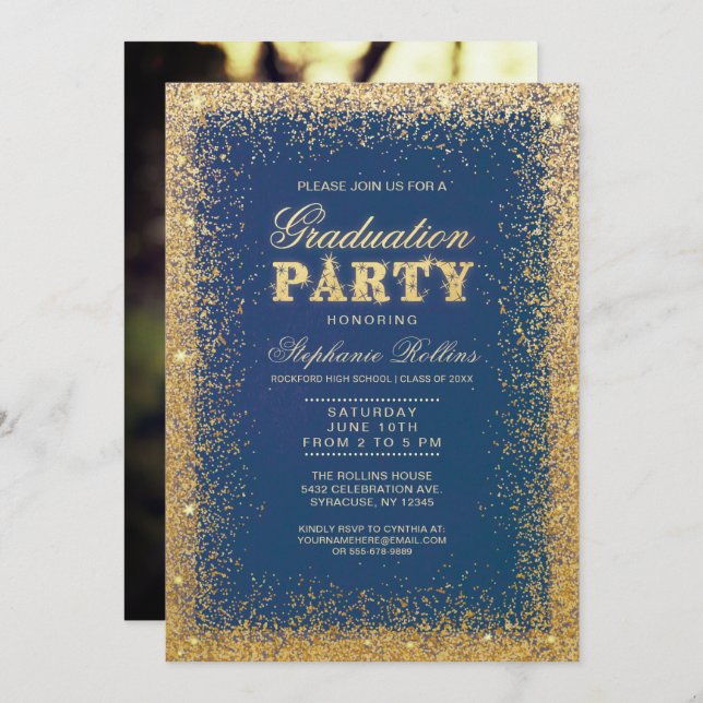 Invitations Gold & Parties scintillant Graduation  (Devant / Derrière)
