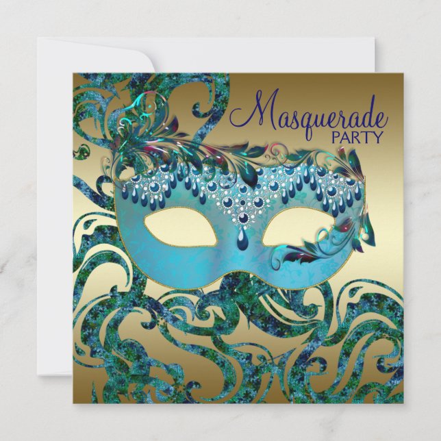 Invitations Gold Turquoise Blue Masquerade Party (Devant)