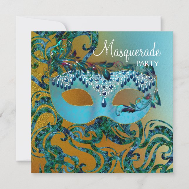 Invitations Gold Turquoise Blue Masquerade Party (Devant)