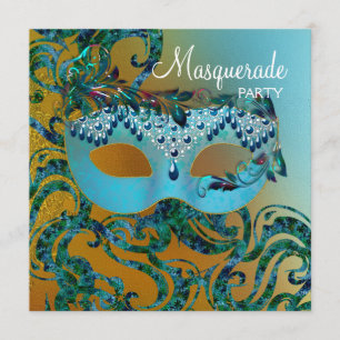 Invitations Gold Turquoise Blue Masquerade Party