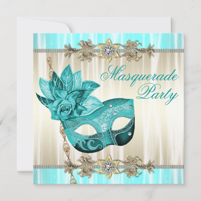 Invitations Gold Turquoise Blue Masquerade Party (Devant)