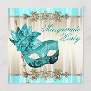 Invitations Gold Turquoise Blue Masquerade Party