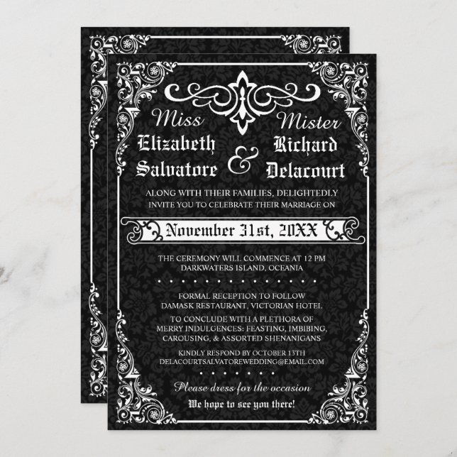Invitations gothiques noires de Mariage damassé vi (Devant / Derrière)