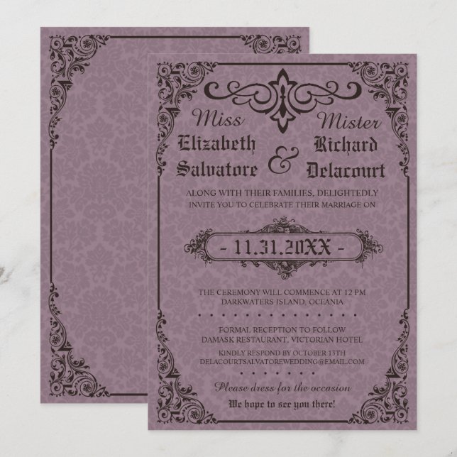 Invitations gothiques victoriens Mariage damassé (Devant / Derrière)
