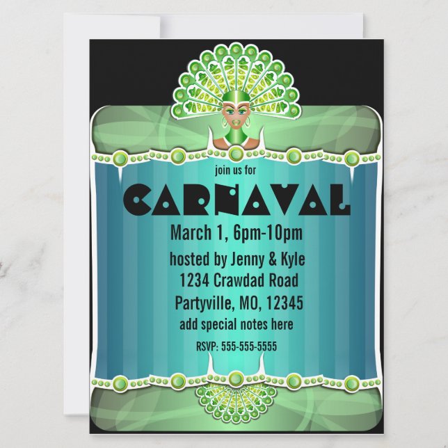 Invitations Green Peacock Lady Carnaval (Devant)