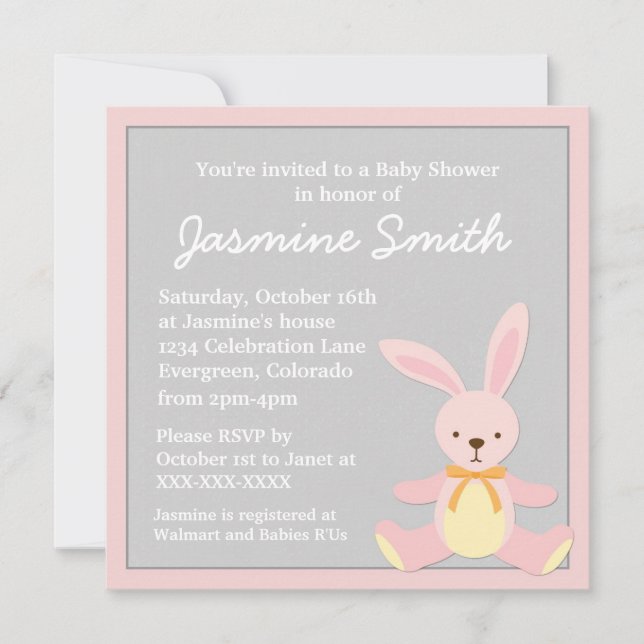 Invitations grises roses de baby shower de lapin (Devant)