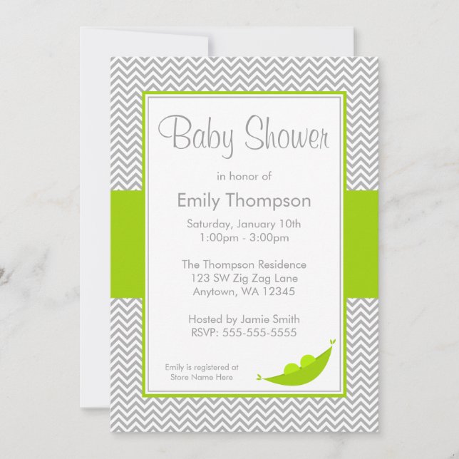 Invitations grises vertes de baby shower de cosse (Devant)