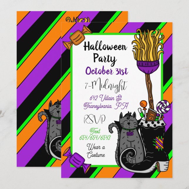Invitations Halloween personnalisés | Sorcière et  (Devant / Derrière)