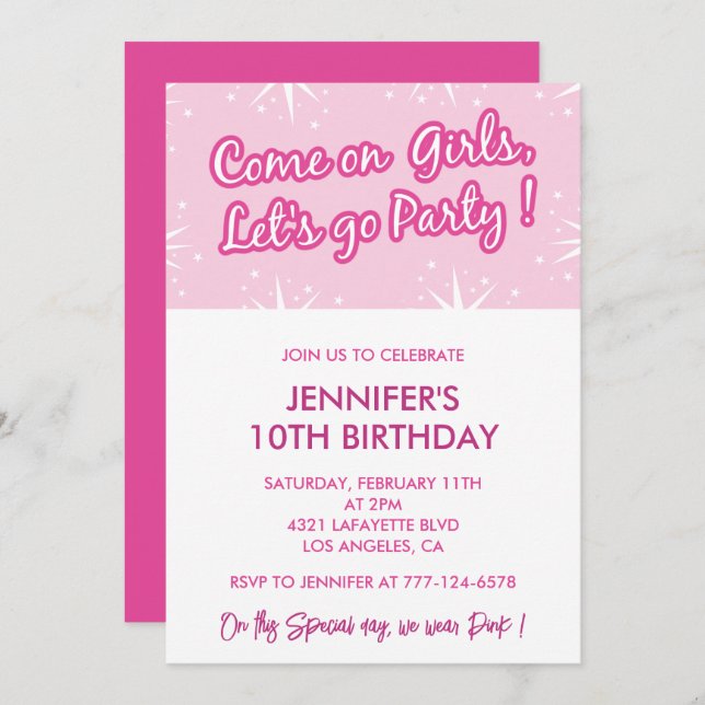 Invitations Hot rose 10e anniversaire pour sa fill (Devant / Derrière)
