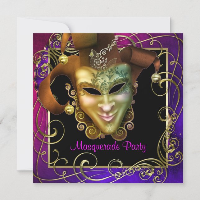 Invitations Hot Rose Purple Gold Masquerade Party (Devant)