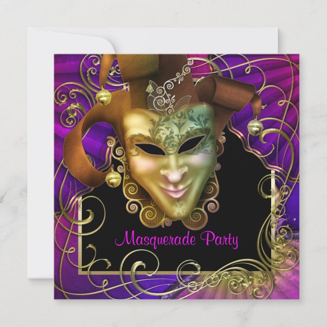 Invitations Hot Rose Purple Gold Masquerade Party (Devant)