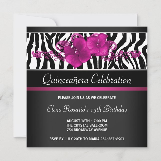 Invitations Hot rose Zebra Quinceanera (Devant)