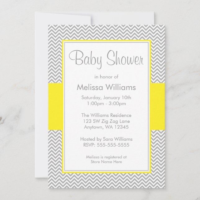 Invitations jaunes et grises de baby shower de (Devant)