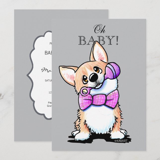 Invitations KiniArt Corgi rose et gris (Devant / Derrière)