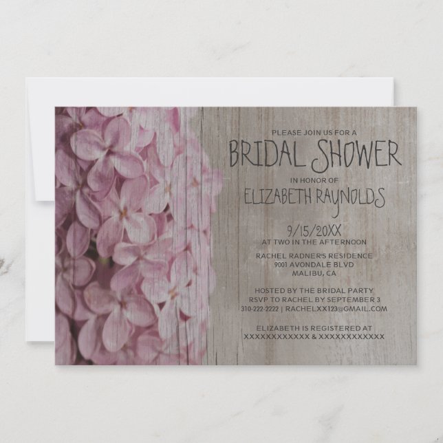 Invitations lilas rustiques de Fête de la mariée (Devant)