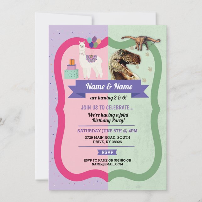 Invitations Llama & Dinosaur Boy Girl Anniversaire (Devant)