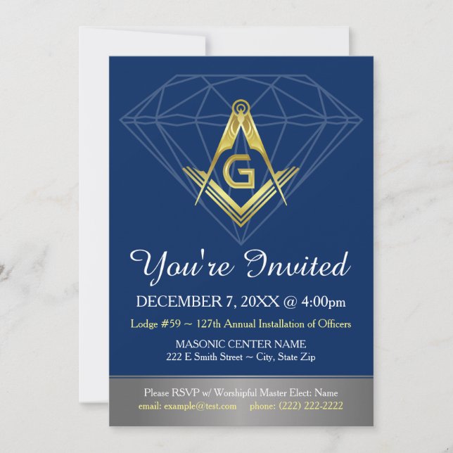 Invitations maçonniques | Modèle Gold Blue Diamond (Devant)