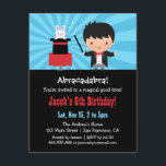 Invitations Magicien Kids Magic Birthday Party<br><div class="desc">Un invitation pour accompagner votre fête d'anniversaire de magie ! Il a un mignon petit garçon dans un costume magicien de gilet en tailleur noir et de cravate arc rouge avec une baguette magique dans la main. il joue le tour de magie populaire de faire apparaître le lapin de lapin...</div>