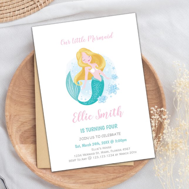 Invitations magiques sous la mer pour les filles (Mermaid Girl Birthday Invitations)