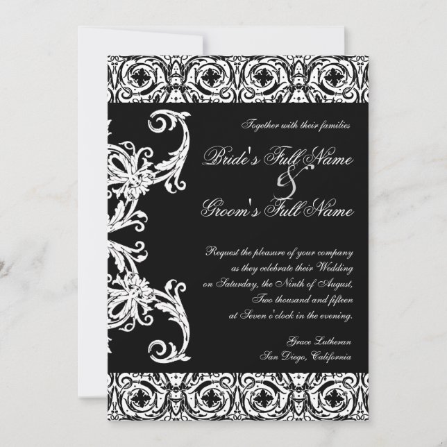 Invitations Mariage damassé Cercle noir et blanc (Devant)
