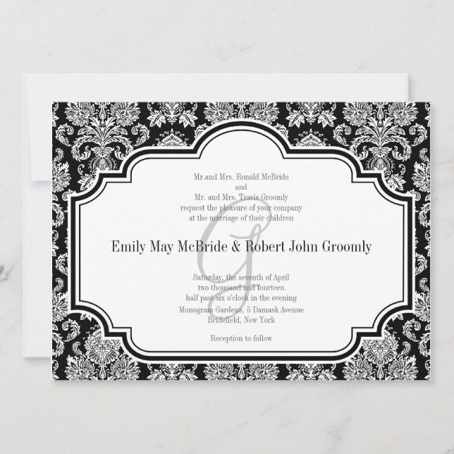 Invitations Mariage damassé en noir blanc monogram (Devant)