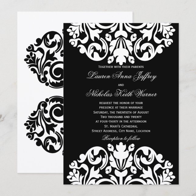 Invitations Mariage damassé en noir et blanc (Devant / Derrière)