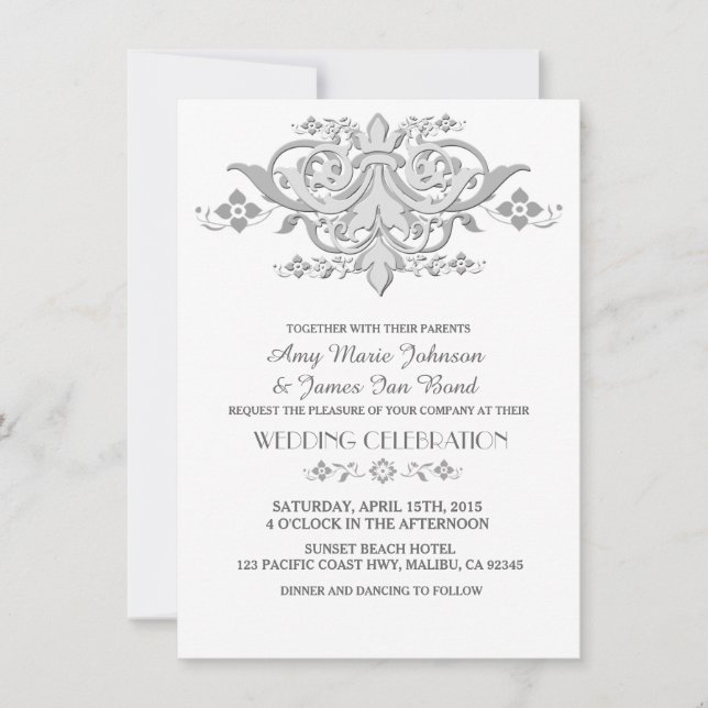 Invitations mariage damassé gris argent damask1 (Devant)