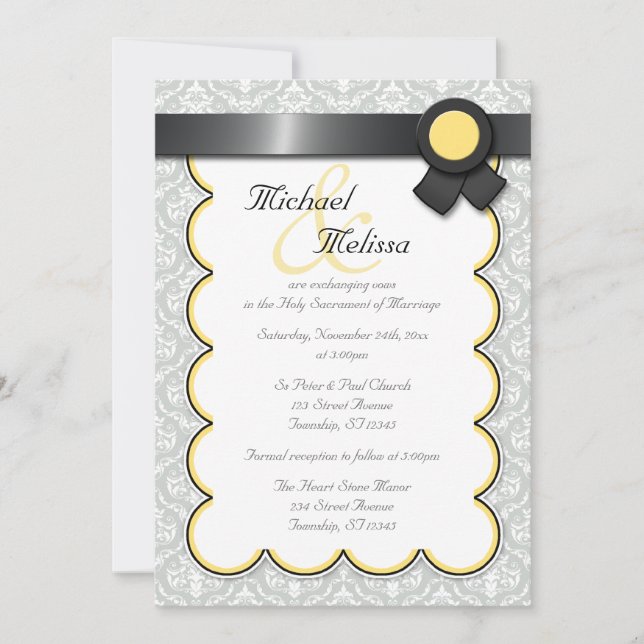 Invitations Mariage damassé jaunes et gris (Devant)