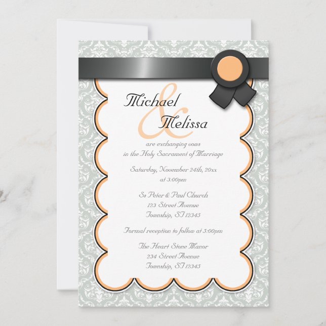 Invitations Mariage damassé orange et gris (Devant)